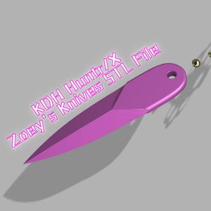 May include: A 3D-rendered image of a purple throwing knife with a hole in the handle. The text "KDH Huntx / X Zoey's Knives STL File" is displayed in pink. A gold-coloured chain and two small spheres are in the upper right.