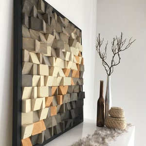 Wood mosaic picture, 3D wall art, modern wood wall sculpture, Wood Wall Art