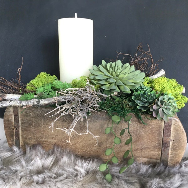 Tischdeko Ziegelform, Holzkasten mit Sukkulenten, Naturdeko, Kerzendeko, Vintage Holzkasten