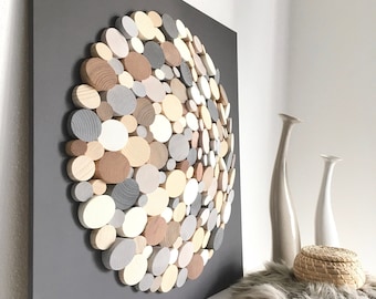 Wooden mosaic picture circle, 3D wall art, modern wooden wall sculpture, Wood Wall Art