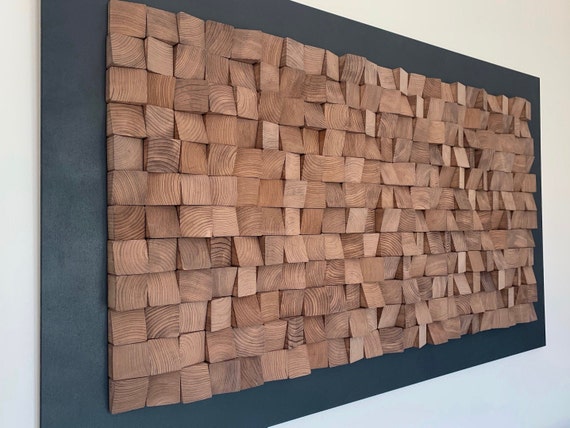 3D Holzbild geometrisch, Holzmosaik Wandkunst Fichte, Modernes Wanddekor schwarz Trägerplatte, Rustikales Kunstobjekt, Abstract Wood Art