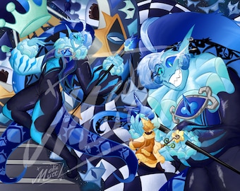 May include: Two blue and white figures with crowns and jester hats stand on a black and white checkered background. The figures are holding staffs with blue and white accents. The background is filled with blue and white stars and other shapes.