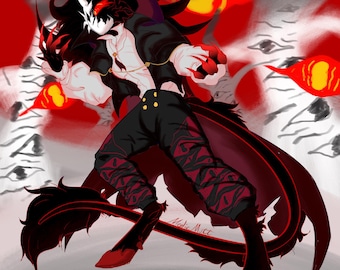 May include: Digital artwork depicting a demonic character in a dynamic pose. The figure is mainly black and red, with white details on the face and chest. The illustration includes a flowing cape, horns, and a tail, set against a backdrop of abstract red and white shapes.