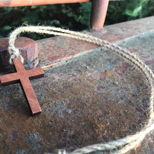 Rustic Wooden Cross Pendant with Hand Twined Jute Cord