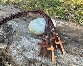 Rustic Wooden Cross Pendant with Leather Cord Multi-Pack