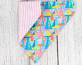 Come Wag Away Over the Collar, Reversible Dog Bandana; sailboat dog bandana, girl summer dog bandana, seersucker dog bandana, nautical dog