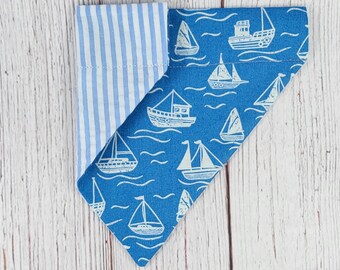 Ruff Waters Over the Collar, Reversible Dog Bandana; sailboat dog bandana, boy summer dog bandana, seersucker bandana, nautical dog bandana