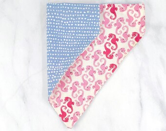 Seahorsing Around - PINK; Reversible over the collar Dog Bandana, seahorse dog bandana, summer dog bandana, polka dot dog bandana, beach dog