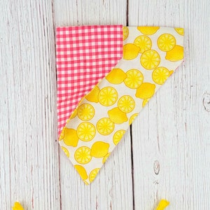 Squeeze the Day over the collar Dog Bandana, Reversible; Lemon Print Pink Gingham Plaid
