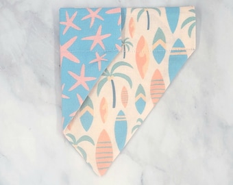 Sandy Paws Over the Collar, Reversible Dog Bandana; summer dog bandana, beach dog bandana, surf dog bandana, starfish dog bandana, palm tree