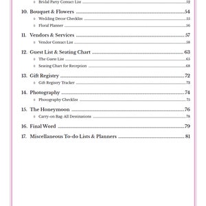 May include: A black and white checklist for wedding planning. The checklist includes sections for measurements, bridal party contact list, bouquet and flowers, vendors and services, guest list and seating chart, gift registry, photography, the honeymoon, final word, and miscellaneous to-do lists and planners.