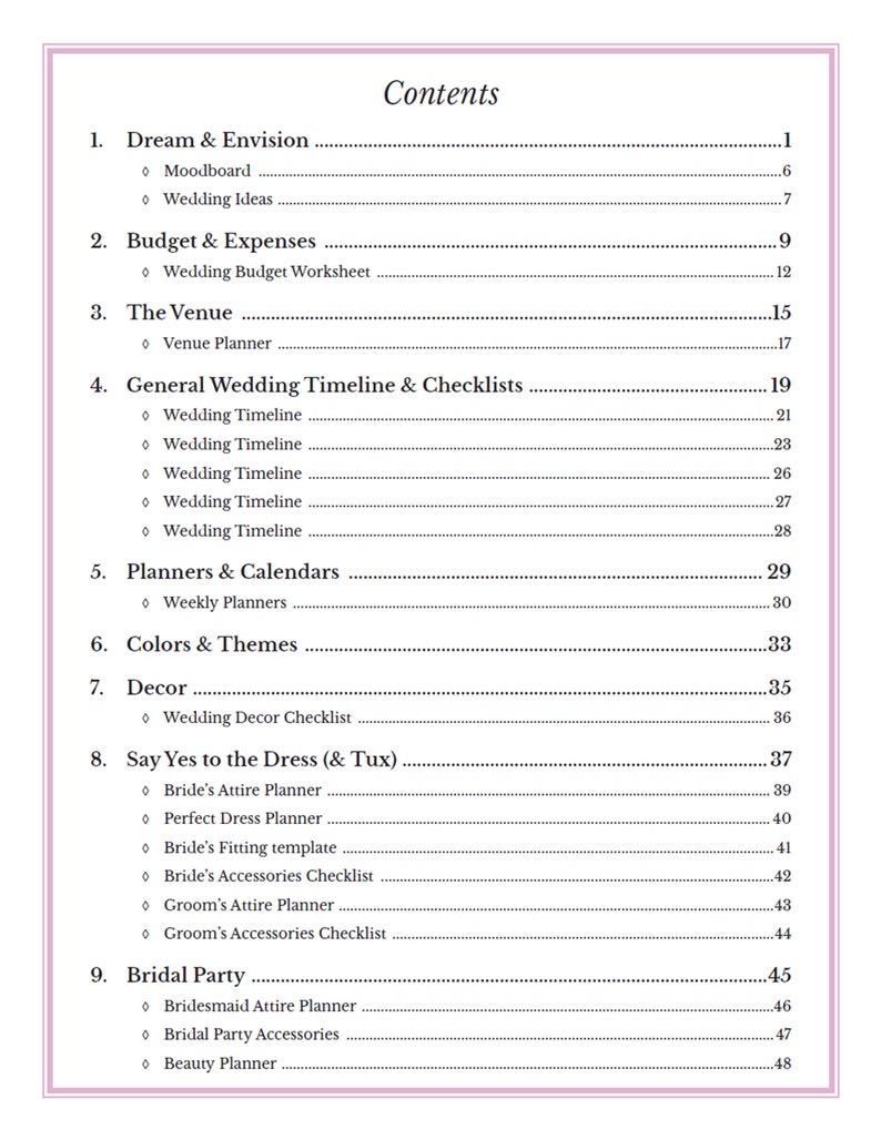 May include: A table of contents for a wedding planning guide. The guide includes sections on dreaming and envisioning the wedding, budgeting, choosing a venue, planning the timeline, selecting colors and themes, decorating, choosing the wedding dress and tuxedo, and planning for the bridal party.