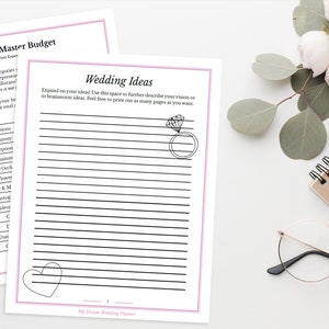 May include: A printable wedding planning checklist with a master budget section and a wedding ideas section. The budget section lists categories such as invitations, ceremony, reception, entertainment, music, flowers, hair and makeup, photography, videography, transportation, and gifts. The wedding ideas section has a lined page with a heart and a ring at the top.
