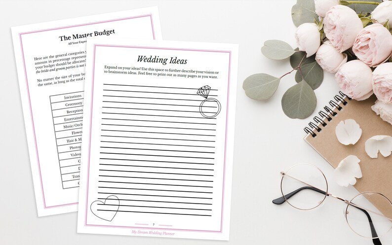 May include: A printable wedding planning checklist with a master budget section and a wedding ideas section. The budget section lists categories such as invitations, ceremony, reception, entertainment, music, flowers, hair and makeup, photography, videography, transportation, and gifts. The wedding ideas section has a lined page with a heart and a ring at the top.