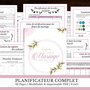 May include: A pink and green floral design wedding planner with the title "L'agenda Mon Mariage de Reve" and the text "Planificateur Complet 88 Pages | Modifiable & Imprimable PDF | 8.5x11".