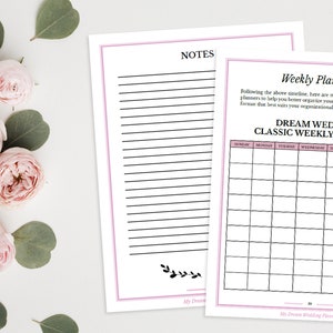 May include: A printable wedding planner with a classic weekly planner layout. The planner has a pink and white color scheme and includes a section for notes.