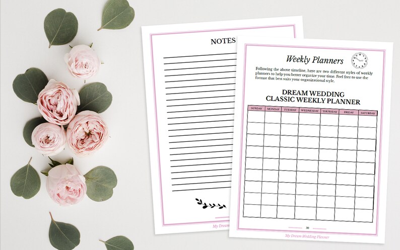 May include: A printable wedding planner with a classic weekly planner layout. The planner has a pink and white color scheme and includes a section for notes.