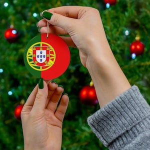 Portugal Portuguese Flag Inspired Red Green Round Porcelain Ceramic Christmas Ornament Gift Decoration Holiday World Travel Europe