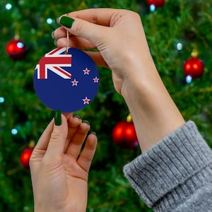New Zealand Christmas Ornament Zealander Kiwi Flag Inspired Print - Auckland, Blue, White, Red World Travel, Gift, Traveler - Round, Ceramic