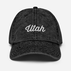 Utah Hat - Embroidered Vintage Denim Style Dad Hat, Cotton Twill Cap, Simple Script Embroidery - 1896 Statehood, State, Gift, Travel, USA
