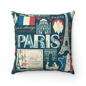 Paris Throw Pillow City Symbols Eiffel Tower Arc de Triomphe France World Travel Themed Home Decor Gift Room Accent Piece Polyester Square