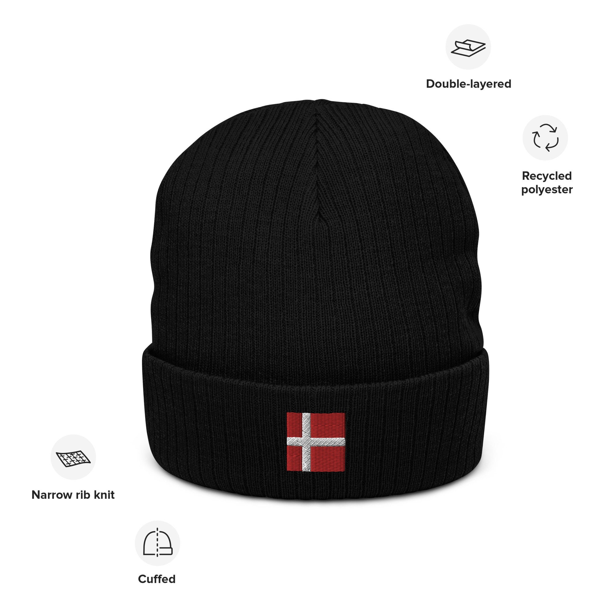 Denmark Flag Beanie: Embroidered Cuffed Knit Recycled Polyester Winter ...