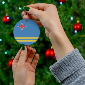 Aruba Ceramic Ornament - Christmas Decor, Holiday Decoration, Aruban Flag, World Travel, Caribbean Island, Blue, Yellow - Gift, Souvenir