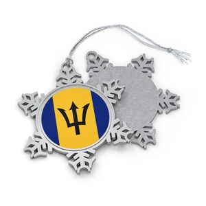 Barbados Flag Snowflake Ornament - Souvenir Pewter Christmas Ornament with Unique Snowflake Design, World Travel Gift, Holiday Decor