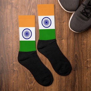 India Socks - Indian Flag Inspired Sublimation Print, Adult Unisex, Crew Length, Cushioned Bottom, Ribbed Leg, Gift for World Traveler