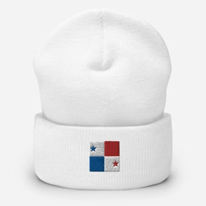Panama Flag Inspired Square Embroidered Cuffed Beanie Winter Hat Panamanian Travel Themed Toboggan Adult Unisex Hypoallergenic