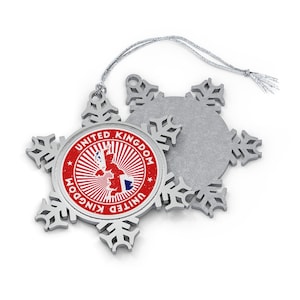 United Kingdom Christmas Ornament - Snowflake Shape - British Union Jack Flag Country Outline - Gift for UK World Traveler, Travel Lover