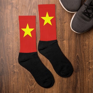 Vietnam Travel Themed Socks Vietnamese Flag Inspired Sublimation Print Adult Unisex Crew Length Black Foot Cushioned Bottom Gift