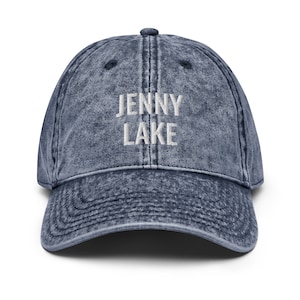 Jenny Lake Hat - Embroidered Vintage Cotton Twill Cap, Denim Look, Adjustable Strap, Adult Unisex - Wyoming, National Parks Travel, Gift