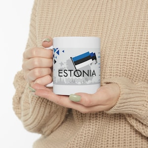 Estonia Coffee Mug 11oz - Estonian World Travel Themed, Banner, Flag, Geometric Abstract Design, Landmarks - Ceramic, Glossy, Gift, Souvenir
