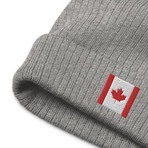Canada Cuffed Beanie Canadian Flag Inspired Embroidered Square - Double Layer Knit Recycled Polyester Travel Themed Winter Hat Toboggan