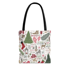 Christmas in Germany Tote Bag - All Over Print Pattern, German Holiday Traditions Pattern Print, Spacious, Boxed Corners, Black Handles