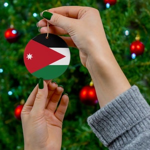 Jordan Christmas Ornament Jordanian Flag Inspired Print - Amman, Petra, Middle East, World Travel, Gift for Traveler - Round, Ceramic