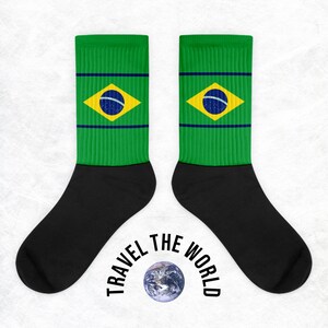 Brazil Socks - Brazilian Flag Inspired Print, Crew Length, Ribbed, Cushioned, South America, World Travel Gift, Souvenir - Green, Yellow