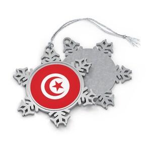Tunisia Flag Snowflake Ornament - Souvenir Pewter Christmas Ornament with Unique Snowflake Design, World Travel Gift, Holiday Decor