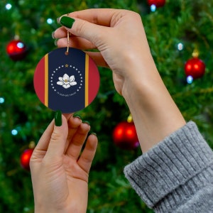 Mississippi Christmas Ornament State Flag Inspired Print - Magnolia, Blue, Red, In God We Trust, Gift, Traveler, Souvenir - Ceramic, Circle