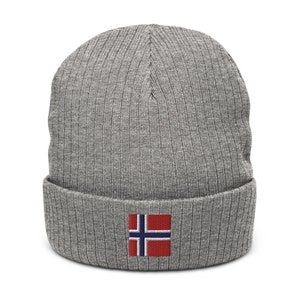 May include: Gray knitted beanie with a small embroidered Norwegian flag on the front.