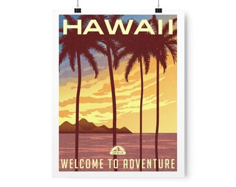 Poster di viaggio alle Hawaii - Stampa verticale opaca premium - Stampa Hawaii, 11" x 14" - Retro, Tramonto, Palme, Tramonto - Viaggio nello stato degli Stati Uniti