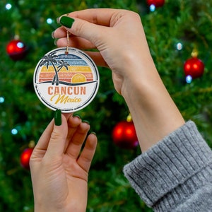 Cancún México Cerámica Adorno navideño Estilo Vintage Impresión Playa Palmera Porcelana Regalo Decoración navideña Patrimonio Mundial Viajes Temáticos