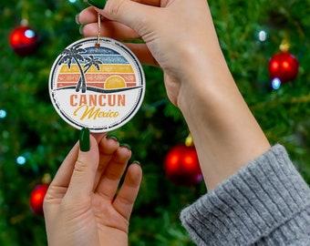 Cancun Mexico Ceramic Christmas Ornament Vintage Style Print Beach Palm Tree Porcelain Gift Holiday Decoration World Heritage Travel Themed