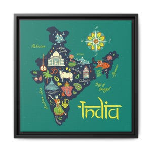 May include: A framed print featuring a map of India with colorful illustrations of landmarks, animals, and cultural symbols. The map is set against a teal background, with the word "India" in yellow script at the bottom.