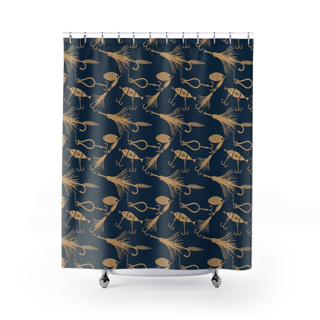 Fishing Lures Shower Curtain Fisherman, Blue Background, Lake, River