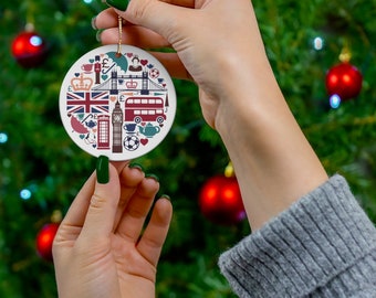 London England Christmas Ornament Ceramic United Kingdom Big Ben Queen British Flag Gift Holiday Decoration UK World Heritage Travel Themed