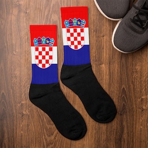 Croatia Socks - Croatian Flag Inspired Sublimation Print, Unisex, Crew Length, Cushioned Bottom, Gift for World Traveler, Europe, Blue, Red