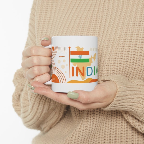 Indien Kaffeetasse 11 Unzen - Indien World Travel Themed, Banner, Wahrzeichen, Flagge, abstraktes Design, Asien - Keramik, glänzend, Geschenk, Souvenir