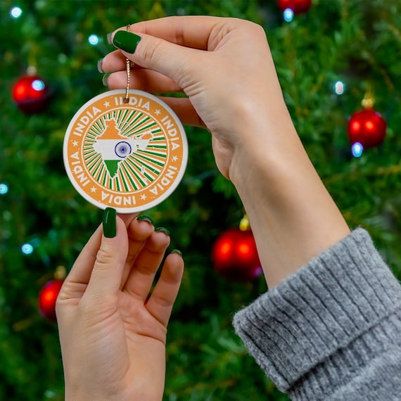 India Christmas Ornament Ceramic Vintage Style Print Indian Flag Map Gift Holiday Decoration Porcelain Asia World Heritage Travel Themed